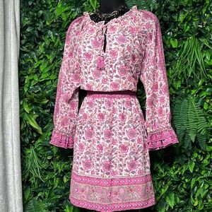 Love The Label Dress Small Pink Floral Smocked Mini Long Sleeve Tassel Boho 4316